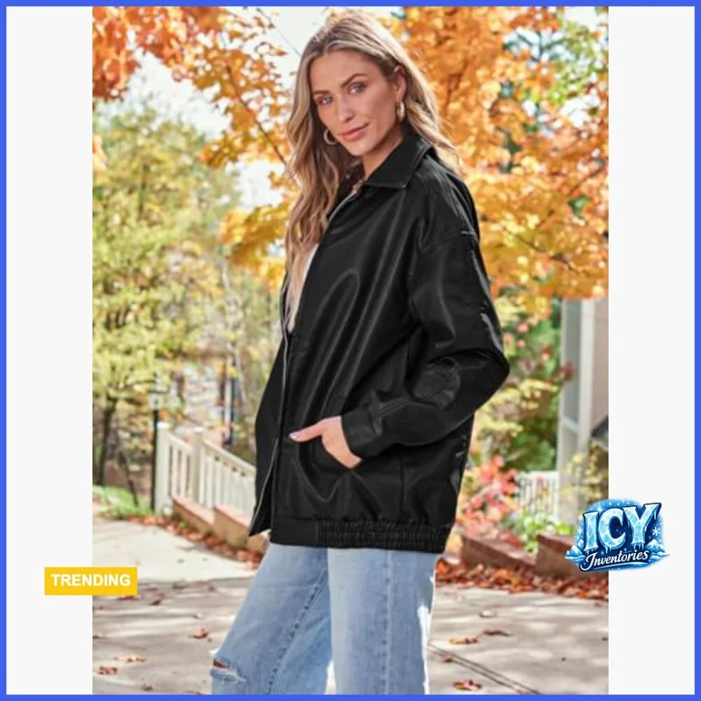Oversized Faux Leather Motorcycle Jacket with Zipper Closure
